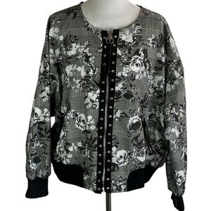 Rachel Roy Floral Plaid Bomber Jacket – Zip Front, Black & Gray (3X)